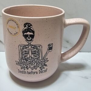 Death Before Decaf light pink mug